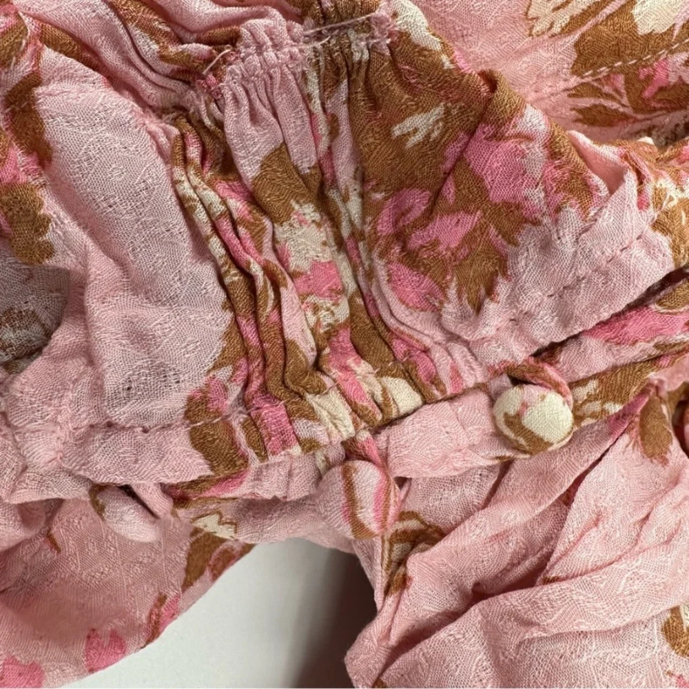 Free People Dusty Pink Floral Ruched Square-Neck Puff Sleeve Crop Top